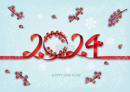Illustration for Merry Christmas and Happy New Year background with 2024 Numbers from red ribbon and a wreath of Christmas tree branches. Festive realistic design. Holiday party 2024. Vector - Royalty Free Image