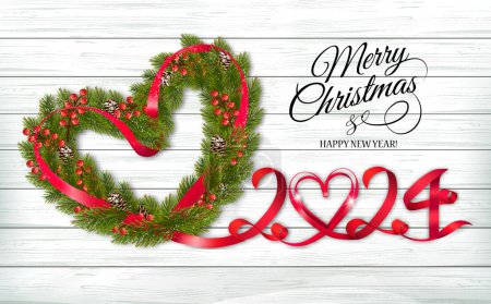 Photo for Happy Holiday background. Branches of Christmas Tree with berries the shape of a heart and  numbers 2024 made from red ribbon. Vector. - Royalty Free Image