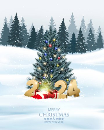Illustration for Merry Christmas and Happy New Year Holiday background with magic box, Christmas tree and gold glitter 2024 numbers. Vector. - Royalty Free Image