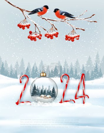 Photo for Holiday Christmas background and Happy New Year with red bullfinches on branch of a christmas tree and 2024 numbers with transparent ball. Vector - Royalty Free Image