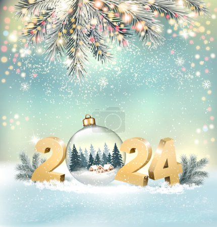 Illustration for Merry Christmas and Happy New Year Background with 2024 and transparent ball and branches of christmas tree. Vector - Royalty Free Image