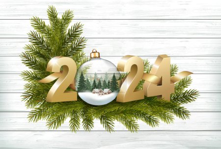 Ilustración de Feliz Navidad y Feliz Año Nuevo 2024. Números 3D dorados con bola de Navidad transparente, rama del árbol de Navidad sobre un fondo de madera. Vector - Imagen libre de derechos