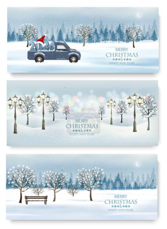 Ilustración de Feliz Navidad y Año Nuevo Banderas de vacaciones con paisaje nocturno y árboles con guirnalda, paisaje nocturno y coche azul con números 2024. Vector - Imagen libre de derechos