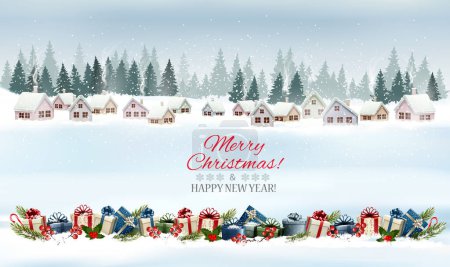 Illustration for Holiday Christmas and Happy New Year panorama with a winter village and christmas gift boxes with branches of tree. Vector. - Royalty Free Image