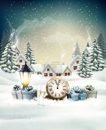 Photo for New Year and Christmas background with lantern and colorful gift boxes, vintage clock and glasses of champagne and snowy winter village. Vector - Royalty Free Image