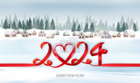 Photo for Holiday Christmas and Happy New Year panorama with a winter village and red ribbon with 2024 numbres. Vector. - Royalty Free Image