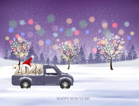Photo for Holiday Christmas and Happy New Year background with with evening landscape and christmas car with 2024 numbers and Santa hat. Winter illustration, banner, vector - Royalty Free Image