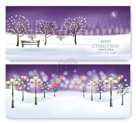 Photo for Merry Christmas and New Year Holiday banners  with evening landscape and trees with garland. Vector - Royalty Free Image