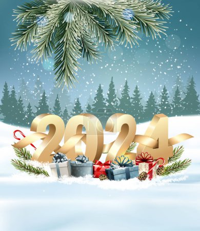 Photo for Happy New Year Holiday background with gift boxes and golden 2024 numbers. Vector. - Royalty Free Image