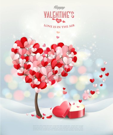 Photo for Valentine's Day background with heart shaped tree and open red heart shaped gift box. Vector. - Royalty Free Image