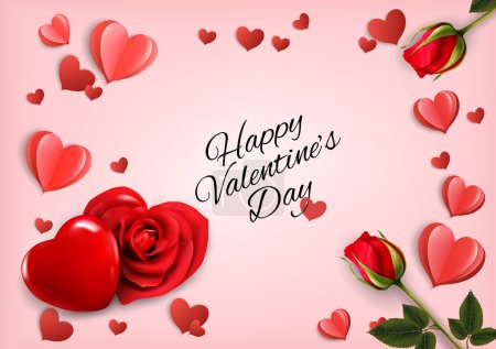 Ilustración de Día de San Valentín vacaciones conseguir tarjeta con corazón en forma de rosa roja y corazones de papel. Ilustración vectorial - Imagen libre de derechos