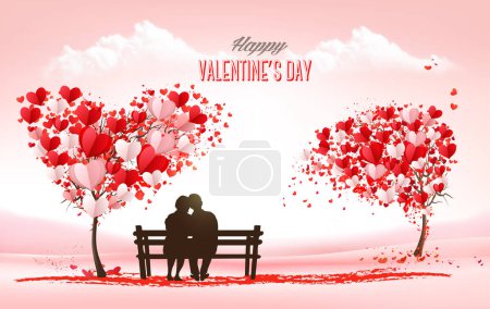 Photo for Valentine's Day holiday getting card with heart shape tree and couple in love on a bench. Concept of love. Vector - Royalty Free Image