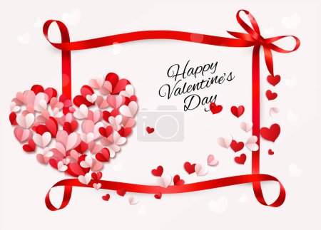 Photo for Happy Valentine's Day beautiful card with colorful hearts collected in the shape of a heart and a red ribbon with a bow. Vector. - Royalty Free Image