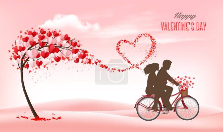 Photo for Valentine's Day holiday getting card with heart shape tree and couple in love on a bike. Vector. - Royalty Free Image