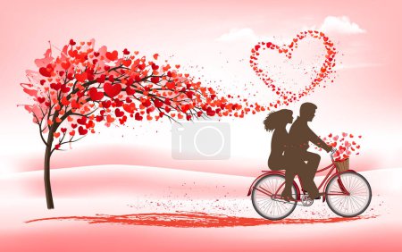 Téléchargez les illustrations : Un fond rose de Saint Valentin de vacances. Arbre avec des feuilles en forme de coeur et vélo avec couple amoureux. Vecteur - en licence libre de droit