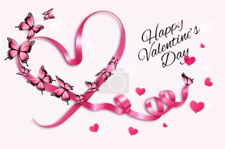Photo for Happy Valentine's Day beautiful background with butterflies and a pink heart shape ribbon. Vector. - Royalty Free Image
