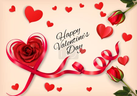 Téléchargez les illustrations : Valentine's Day holiday getting card with red roses, paper hearts and red ribbons. Illustration vectorielle - en licence libre de droit