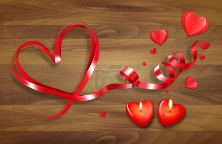 Photo for Valentine`s day holiday background. Red heart shape ribbon and two heart candles on wooden background. Vector. - Royalty Free Image