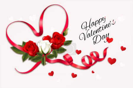 Photo for Happy Valentine's Day beautiful background with red and white roses and red heart shape ribbon Vector. - Royalty Free Image