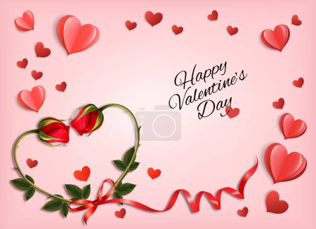 Illustration for Valentine's Day holiday getting card with red roses shaped heart and paper hearts. Vector illustration - Royalty Free Image
