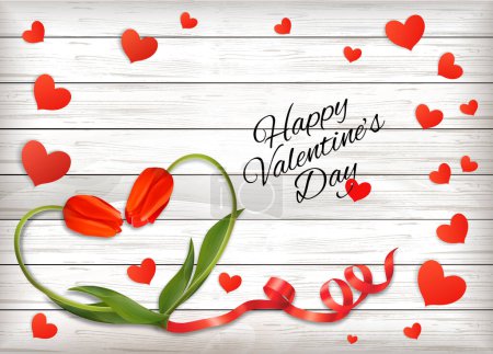 Photo for Red heart shape ribbon and paper hearts on a wooden sign. Valentine's Day background. Vector illustration - Royalty Free Image