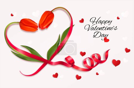 Photo for Happy Valentine's Day beautiful background with red tulips curved in the shape of a heart and a red heart-shaped ribbon. Vector. - Royalty Free Image