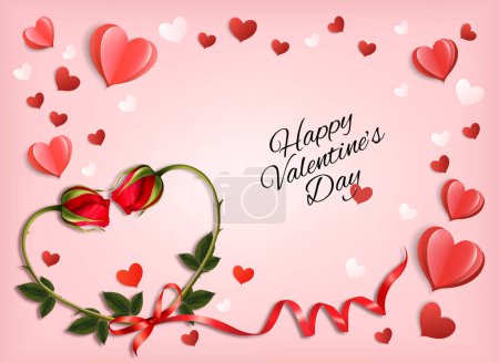 Téléchargez les illustrations : Valentine's Day holiday getting card with red roses shaped heart and paper hearts. Illustration vectorielle - en licence libre de droit