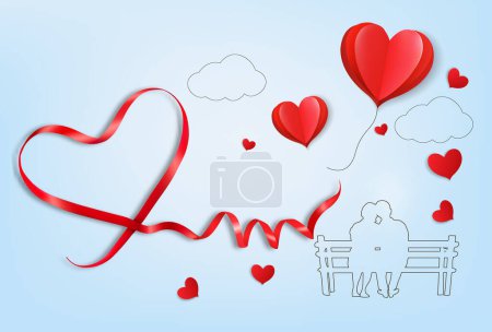 Photo for Happy Valentine's Day getting card  with a red heart shape ribbon and couple in love. Vector. - Royalty Free Image