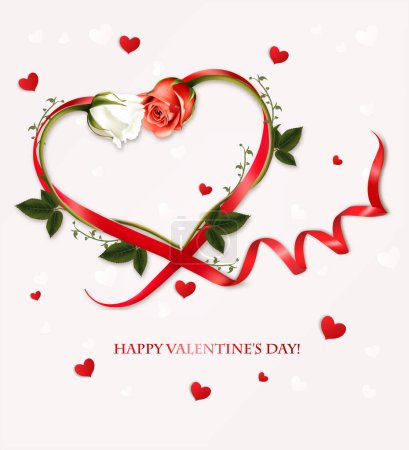 Ilustración de Feliz Día de San Valentín hermoso fondo con rosas rojas y blancas y cinta roja en forma de corazón Vector. - Imagen libre de derechos