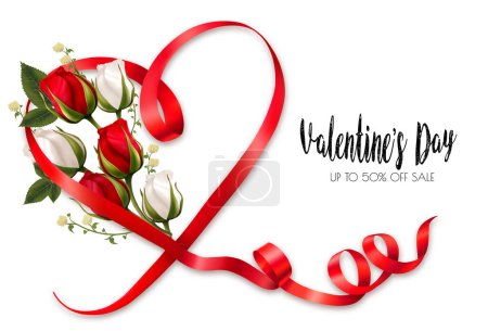 Téléchargez les illustrations : Belle carte de vœux avec roses rouges et blanches et ruban rouge. Vecteur. - en licence libre de droit