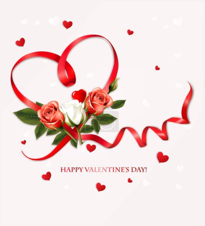 Ilustración de Feliz Día de San Valentín hermoso fondo con rosas de colores y cinta roja en forma de corazón Vector. - Imagen libre de derechos