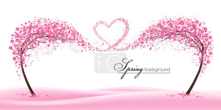 Ilustración de Primavera Fondo natural con árboles estilizados que representan la estación - primavera. Árboles con flores voladoras de primavera recogidos en forma de corazón. Vector. - Imagen libre de derechos