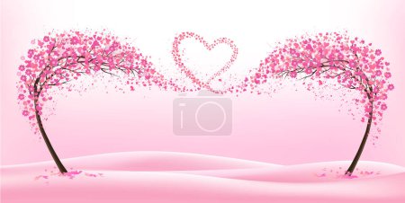 Illustration for Spring Natural background with stylized trees representing the season - spring. Trees with spring flying flowers collected in the shape of a heart. Vector. - Royalty Free Image