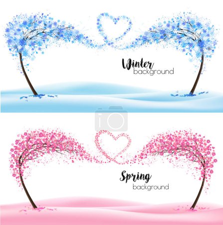 Photo for Two season nature backgrounds with stylized trees representing a seasons - winter and spring. Trees with flying snowflakes and spring flowers collected in the shape of a heart. Vector. - Royalty Free Image