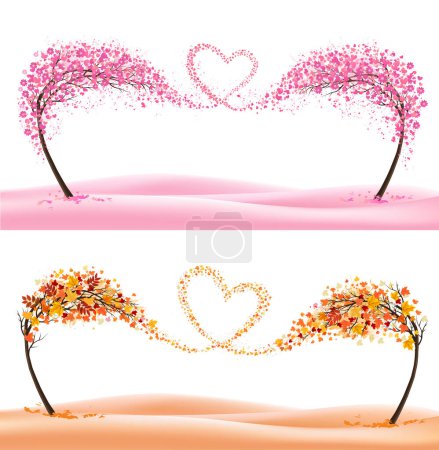 Photo for Two season nature backgrounds with stylized trees representing a seasons - spring and autumn. Trees with flying leaves and summer flowers collected in the shape of a heart. Vector. - Royalty Free Image