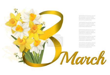 Téléchargez les illustrations : Illustration du 8 mars. Fond de vacances avec des fleurs jaunes et blanches narcisses et ruban d'or. Vecteur. - en licence libre de droit
