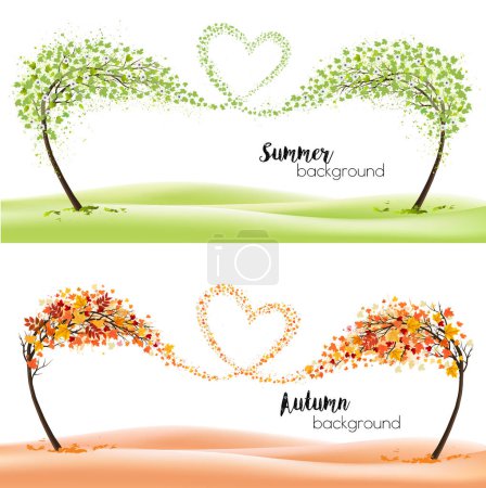 Photo for Two season nature backgrounds with stylized trees representing a seasons - summer and autumn. Trees with flying leaves and summer flowers collected in the shape of a heart. Vector. - Royalty Free Image