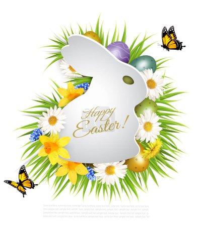 Photo for Holiday easter getting card with a colorful eggs and spring flowers in grass and paper rabbit. Vector. - Royalty Free Image