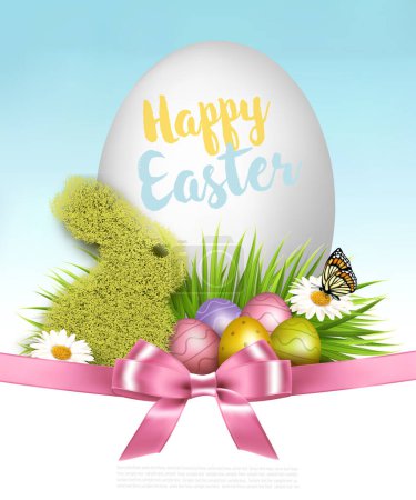 Photo for Happy Easter background. Colorful eggs and a rabbit made of green grass on a background of spring flowers and butterfly. Vector - Royalty Free Image