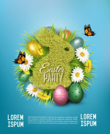 Ilustración de Volante de fiesta de Pascua con huevos de Pascua, flores de primavera y conejo de hierba. Vector. - Imagen libre de derechos