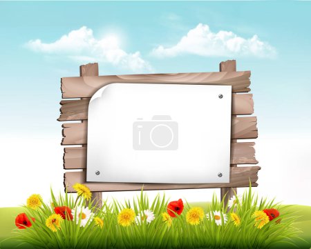 Ilustración de Primavera naturaleza paisaje fondo con margaritas, amapolas, flores de diente de león y letrero de madera. Vector. - Imagen libre de derechos