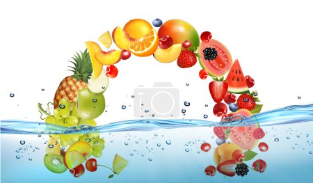 Photo for Fresh fruit and sweet berries  in transparent water and oxygen bubble. Pineapple, banana, cherry, orange, guava, pear, citron, peach, mango, papaya, grape, kiwi, strawberry, orange. Vector. - Royalty Free Image