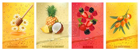 Ilustración de Set de etiquetas con bebida de frutas y bayas. Jugo de frutas frescas salpicando juntos miel, manzanilla, coco, fresa, frambuesa, piña, espinos cerval de mar jugo bebida salpicadura. Vector - Imagen libre de derechos