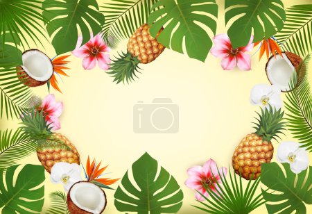 Illustration for Summer tropical background with palm leaves, colorful flowers and a exotic fruit. Vector - Royalty Free Image