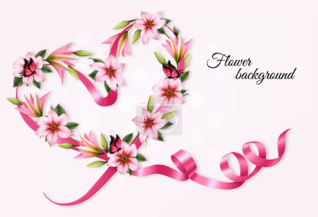 Ilustración de Fondo de vacaciones de flores con flores de colores en forma de corazón y mariposas. Vector. - Imagen libre de derechos