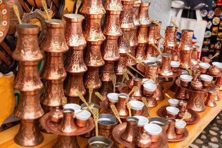 Copper Turkish coffee pots called cezve sold at Bascarsija, the central market of Sarajevo.