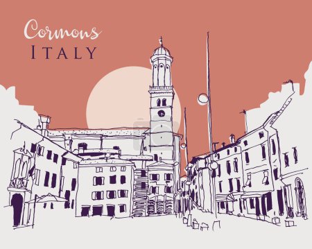 Dibujo dibujado a mano vectorial ilustración de Cormones, una comuna en la región italiana Friuli-Venezia Giulia