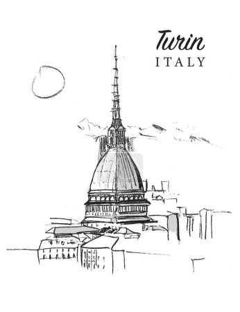 Vector dibujado a mano ilustración de la ciudad de Turín en la región del Piamonte de Italia.