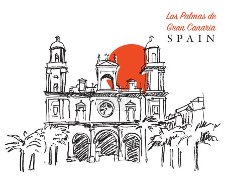 Vector hand drawn sketch illustration of the Cathedral of Santa Ana in Las Palmas, Gran Canaria, Spain