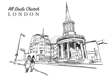 Vector dibujado a mano ilustración de la Iglesia All Souls es una iglesia anglicana evangélica en el centro de Londres, Reino Unido